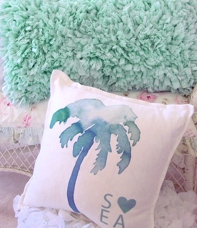 BEACH HOUSE AQUA SEAGLASS RAG RUFFLES COTTAGE CHIC or PALM TREE PILLOW